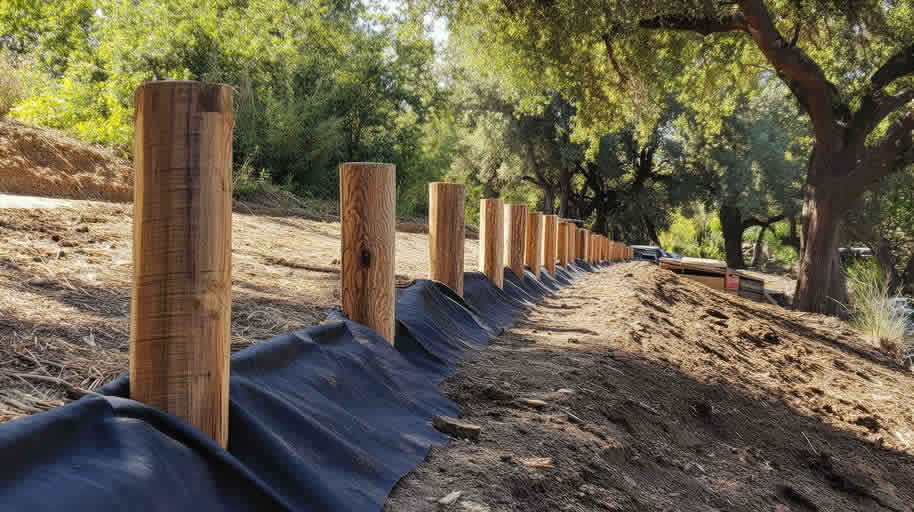 Wooden posts along a path with fabric underlayment in forest