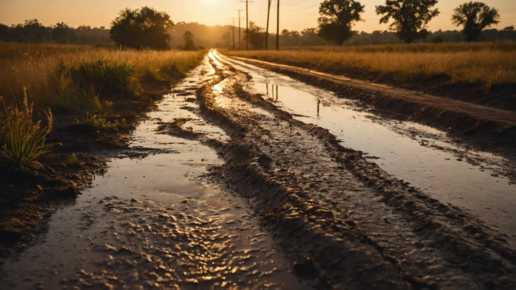 Sunset over muddy rural road with glistening puddles