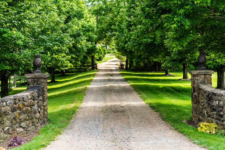 Gravel pathway flanked by green trees and stone pillars