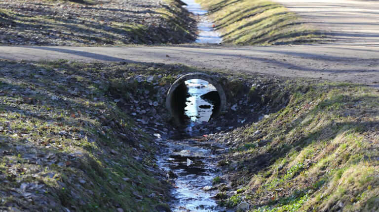 Sunlit culvert under dirt road with flowing stream